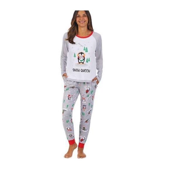 Cuddl Duds Womens Gray Snow Penguin Long Sleeve Pajama 2 Pc Set Plus Sz XXL NEW - Picture 1 of 11